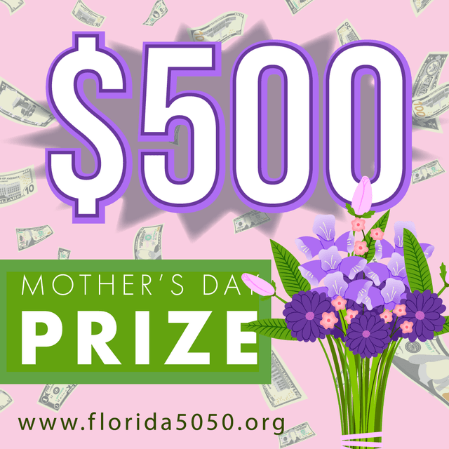 Large purple "$500" text on pink background with falling dollar bills, purple and pink flowers in vase, and green banner reading "MOTHER'S DAY PRIZE" with website URL.