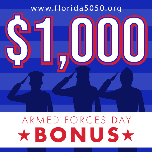Armed Forces Day bonus promotional poster featuring $1,000 offer with silhouettes of military personnel saluting against blue striped background.