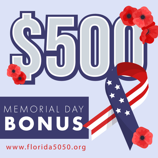 Large "$500" text with red poppies and an American flag ribbon, advertising a Memorial Day bonus on light blue background with website url.