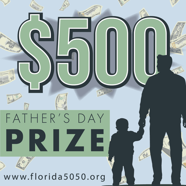 A promotional poster for a $500 Father's Day prize featuring silhouettes of a father and child holding hands against a blue background with falling dollar bills.