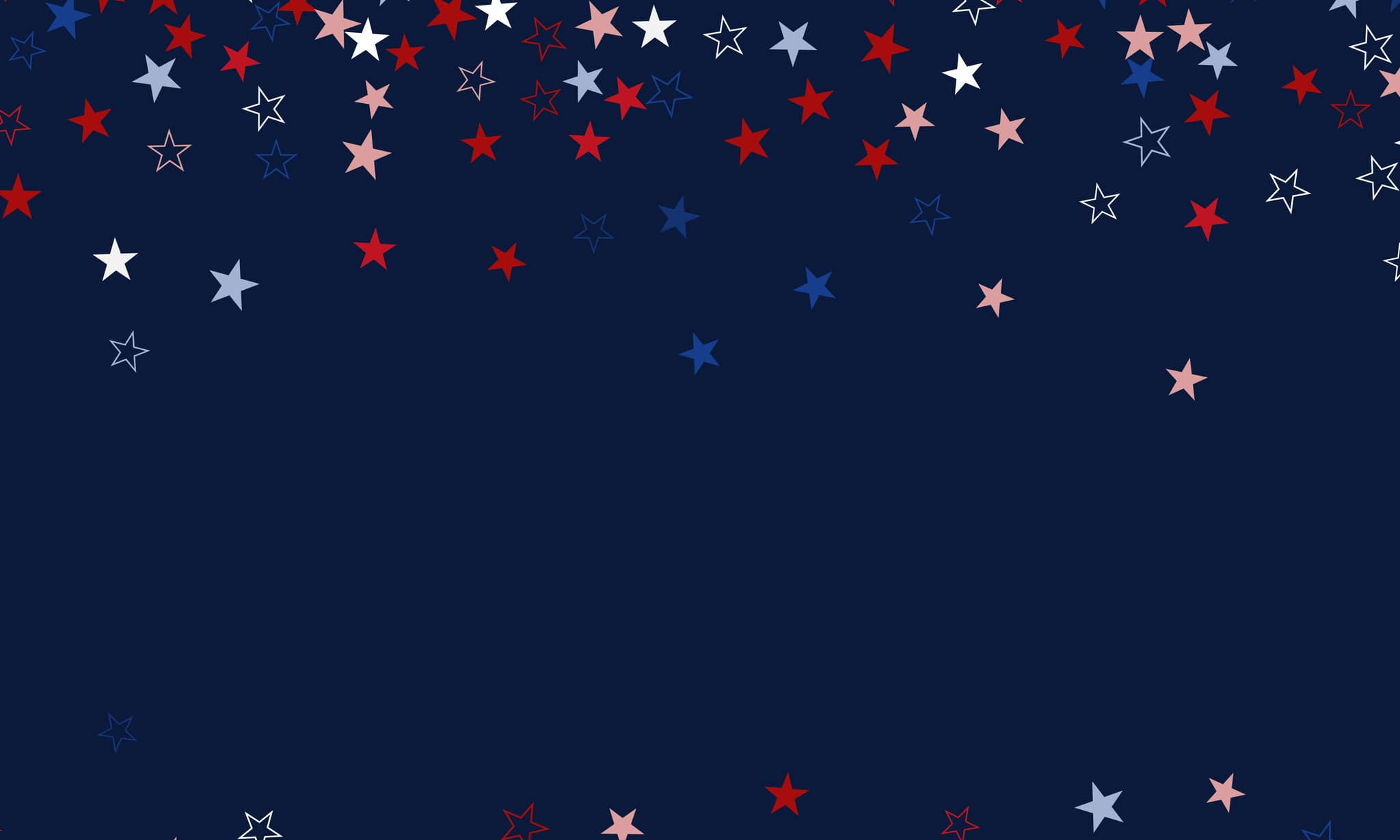 Patriotic dark blue background with scattered stars in red, white, pink, and blue colors arranged across the top and bottom edges.