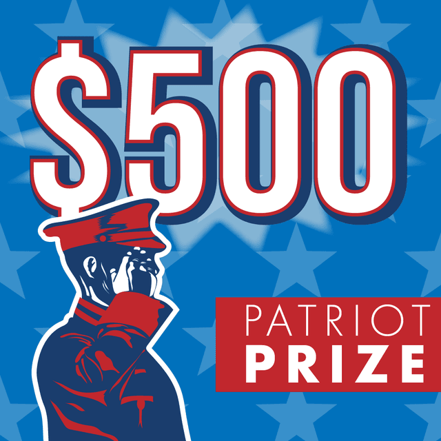 Patriotic graphic with "$500 Patriot Prize" text in red and white over a blue background featuring stars and a silhouette of a figure with an American flag.