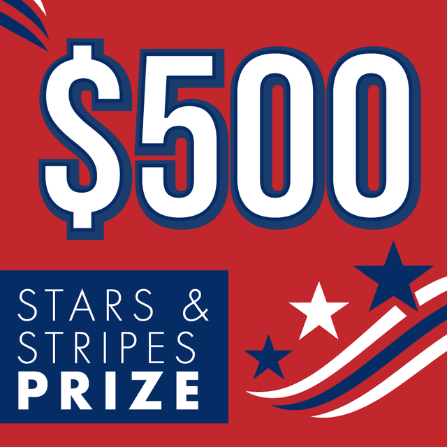 Large white "$500" text with dark blue outline on red background, featuring "STARS & STRIPES PRIZE" label and patriotic star and stripe design elements.