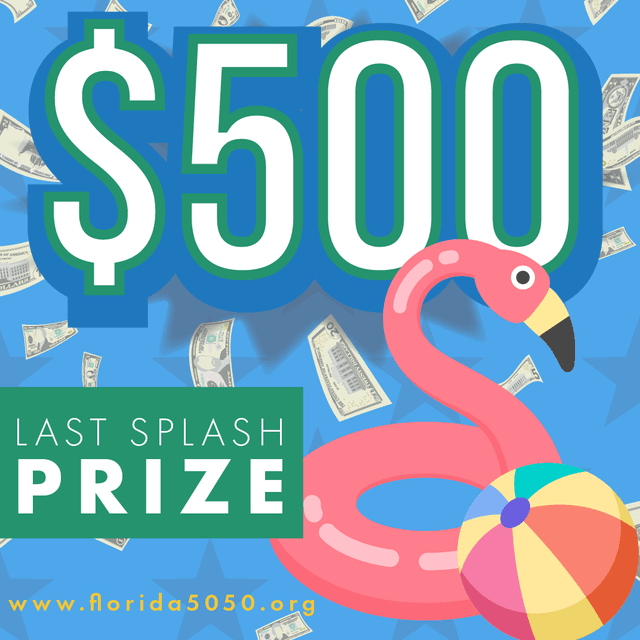 Colorful promotional graphic advertising a $500 last splash prize, featuring a pink flamingo float and beach ball against a blue background with falling dollar bills.