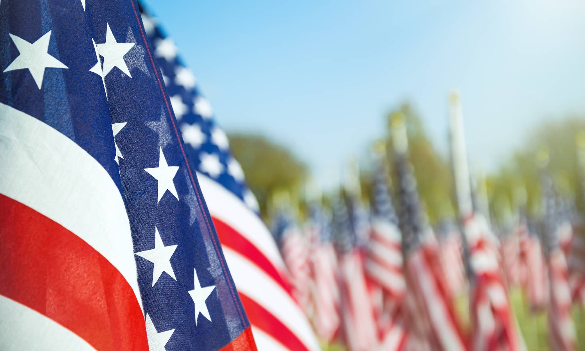A close-up of an American flag in sharp focus with multiple blurred flags behind it in an outdoor cemetery setting under clear blue sky.