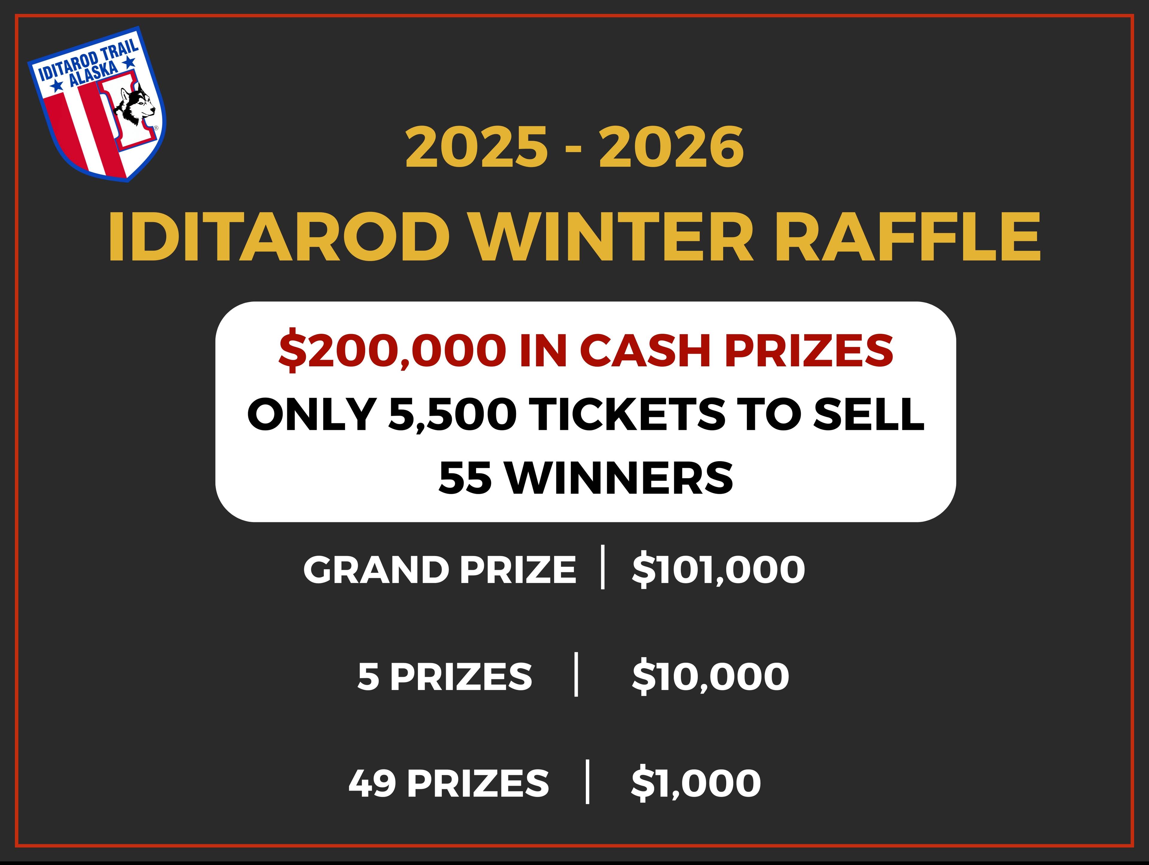 Iditarod Winter Raffle poster showing $200,000 in cash prizes with 5,500 tickets and 55 winners for 2025-2026