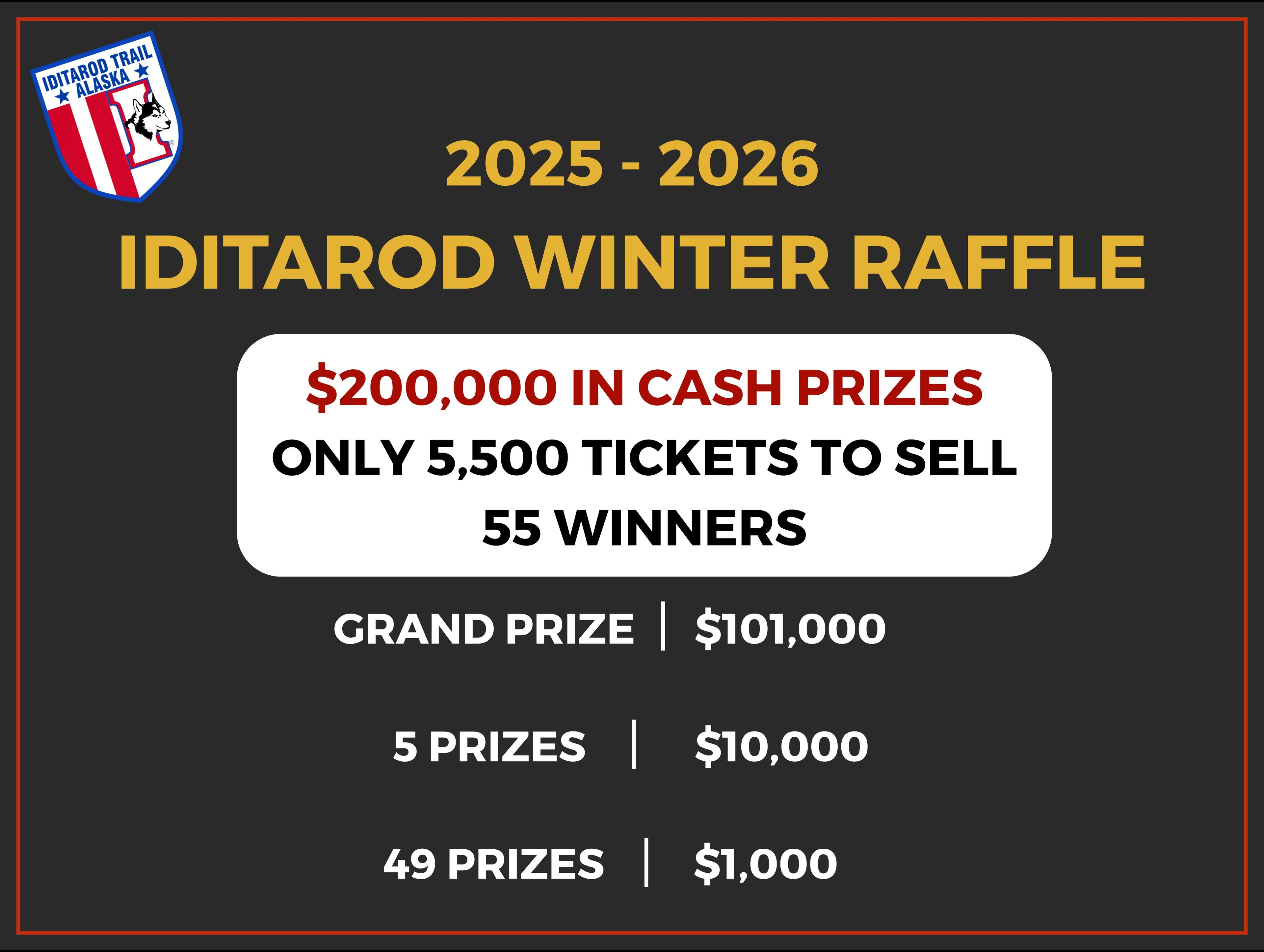 Iditarod Winter Raffle poster with $200,000 in cash prizes, 5,500 tickets, 55 winners for 2025-2026