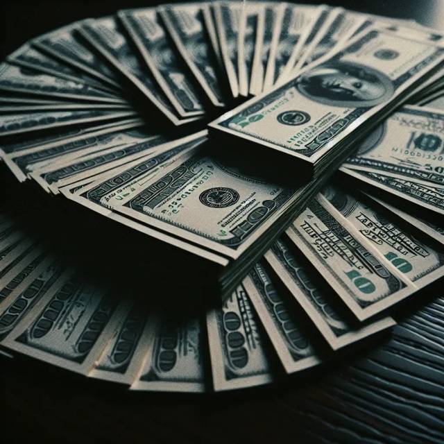 Fanned stacks of one hundred dollar bills arranged in circular patterns against a dark background, showcasing wealth and currency.