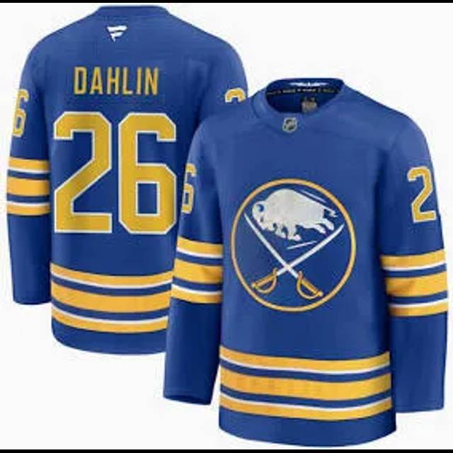 Buffalo Sabres blue hockey jersey with "DAHLIN 26" name and number in yellow lettering, featuring the team logo on the chest.