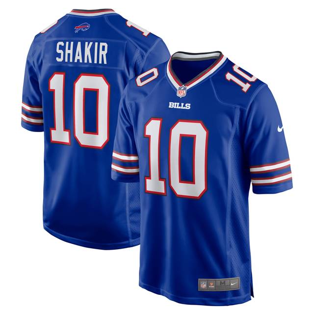 Buffalo Bills blue football jersey number 10 with "SHAKIR" nameplate on back, featuring red and white stripes on sleeves and official NFL branding.