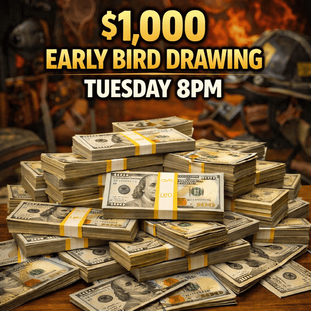 Stacks of hundred dollar bills bundled with yellow bands arranged on a wooden table with text advertising "$1,000 Early Bird Drawing Tuesday 8PM"