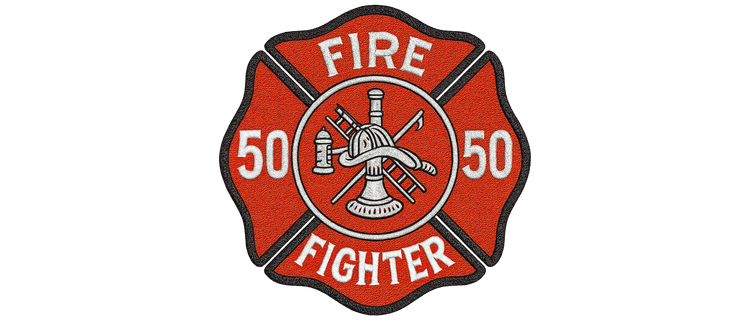 Fire Department Station 50 emblem patch featuring a red Maltese cross with firefighting tools including an axe, ladder, and hydrant in the center circle, outlined in black.