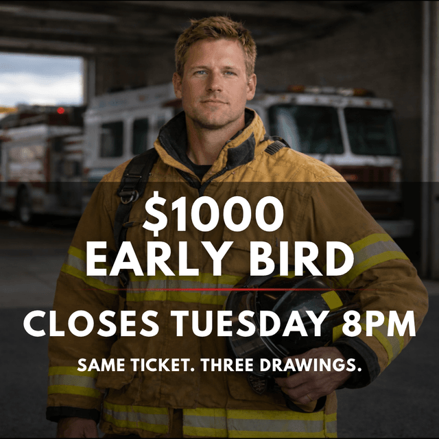 A firefighter in tan and yellow protective gear stands in front of emergency vehicles in a station garage, with text overlaid announcing a $1000 early bird promotion closing Tuesday at 8pm.