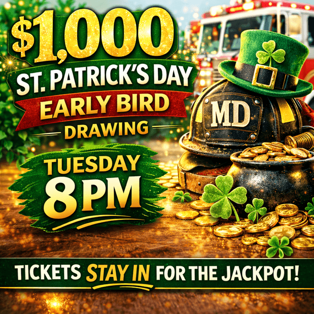 Promotional poster for a $1,000 St. Patrick's Day early bird drawing in Maryland on Tuesday at 8 PM, featuring a leprechaun hat, pot of gold coins, and shamrocks with festive holiday decorations.