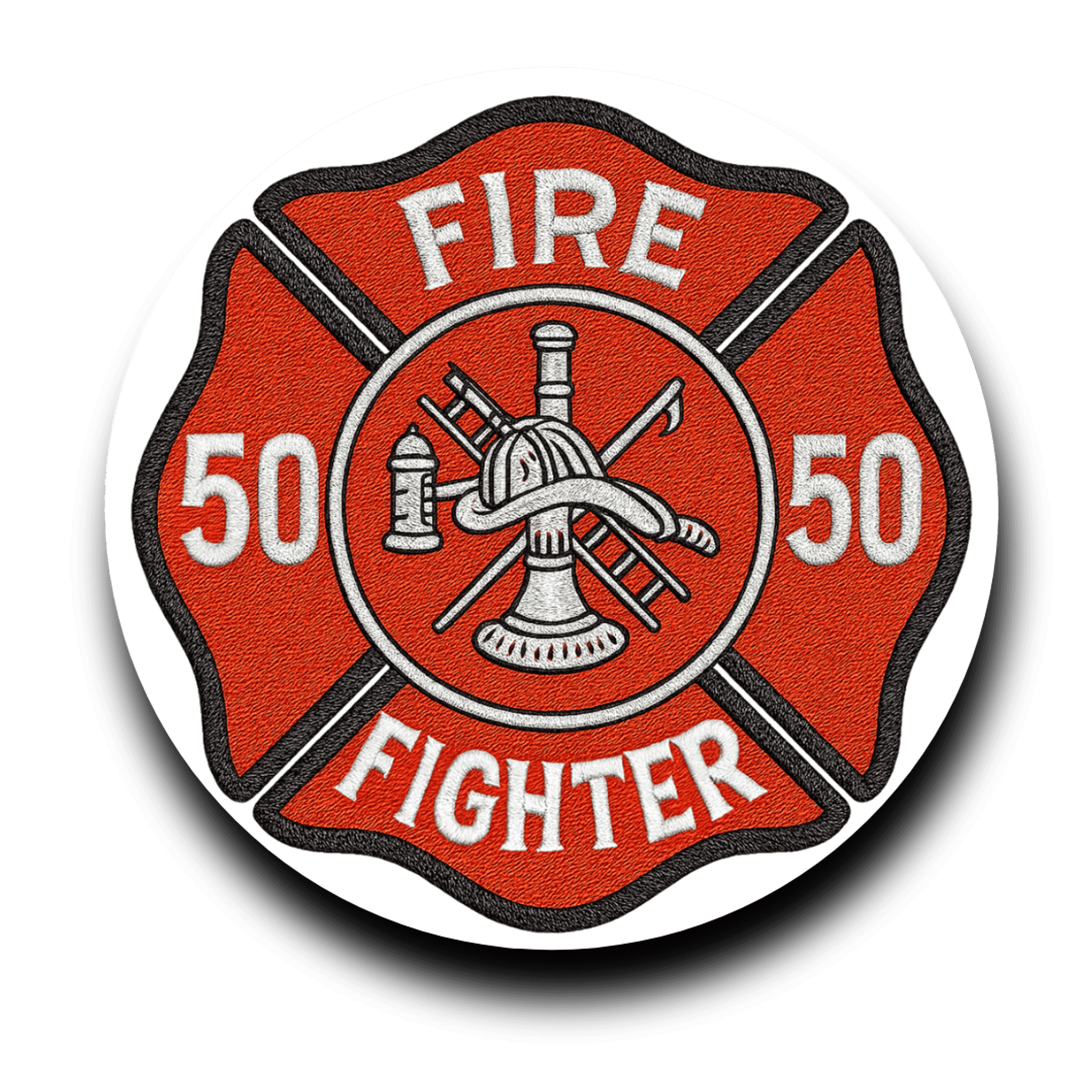 Red and black fire department badge with "FIRE FIGHTER" text, number 50, and crossed firefighting tools in the center circle.