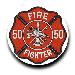 Red and black fire department badge with "Fire Fighter" text, the number 50 on each side, and a crossed axe and fire hose emblem in the center.