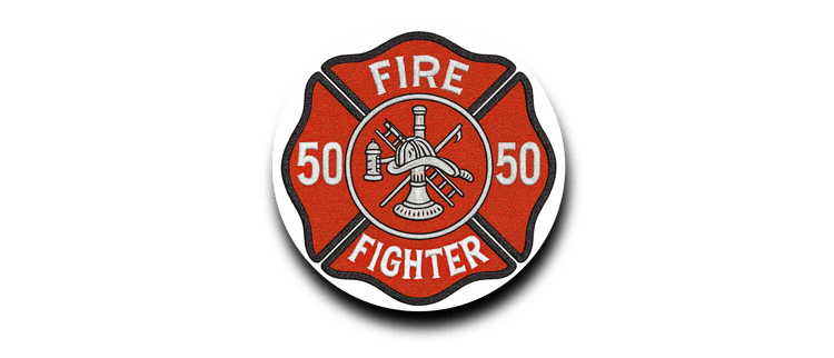 Red and black fire department badge with "Fire Fighter" text, the number 50 on each side, and a crossed axe and fire hose emblem in the center.