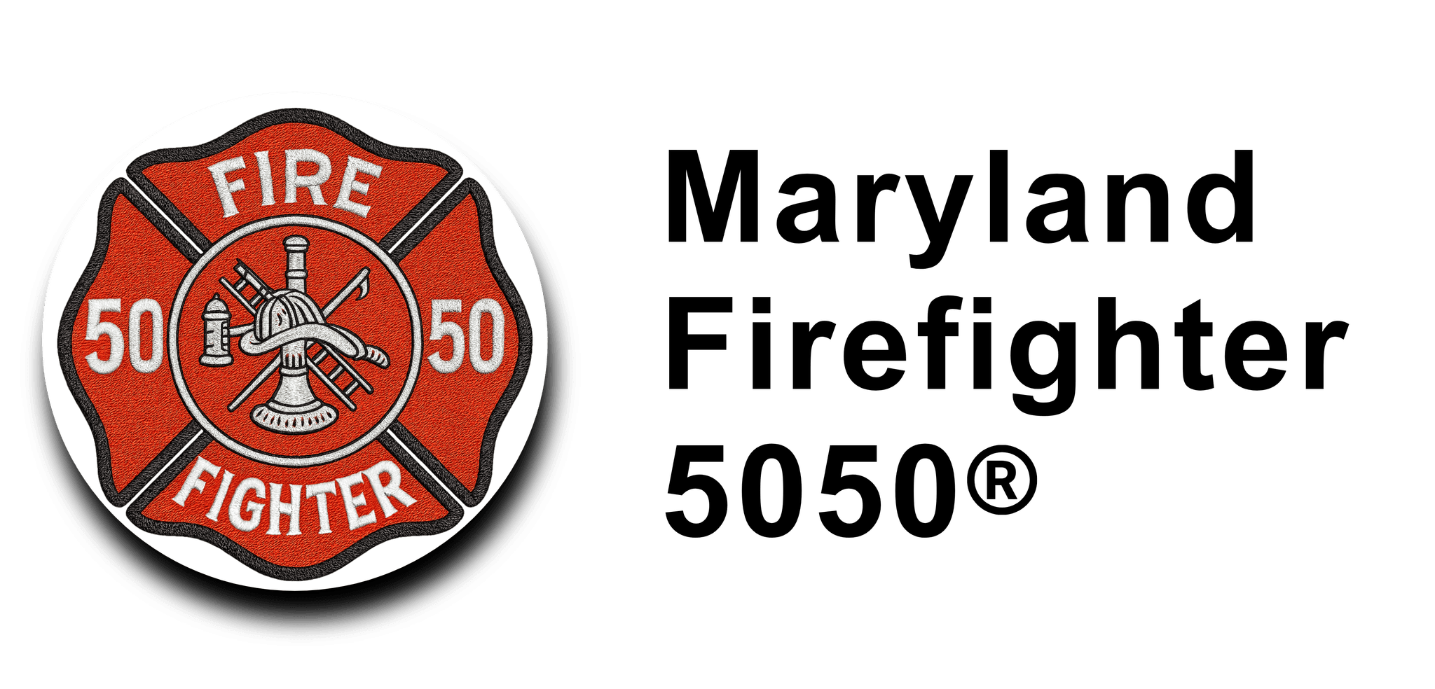 Red fire department badge with firefighter helmet and tools in center, numbered 50 on each side, with "Maryland Firefighter 5050®" text to the right.