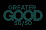 Greater Good 50/50 logo featuring large teal letters spelling "GOOD" with "GREATER" above and "50/50" below in a bold, modern sans-serif font.
