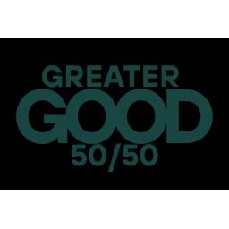 Greater Good 50/50 logo featuring bold teal letters spelling "GREATER GOOD" with "50/50" displayed below in a modern, clean sans-serif typeface design.