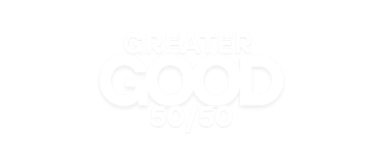 Minimalist graphic with white embossed text reading "GREATER GOOD" stacked vertically with "50/50" beneath it on a light background.