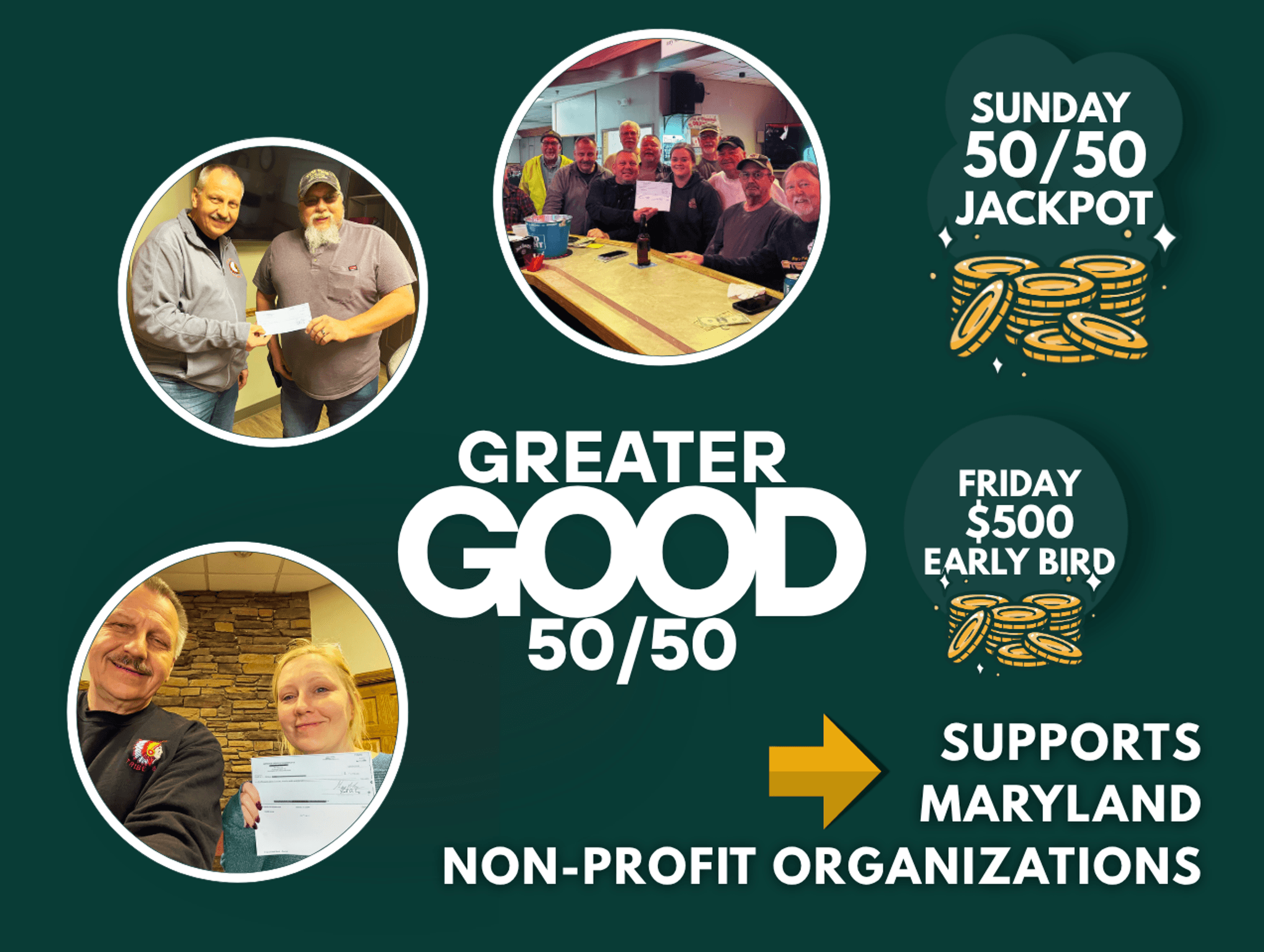 Greater Good 50/50 raffle promotional poster showing three circular photos of winners and participants, with jackpot details and text stating it supports Maryland non-profit organizations.