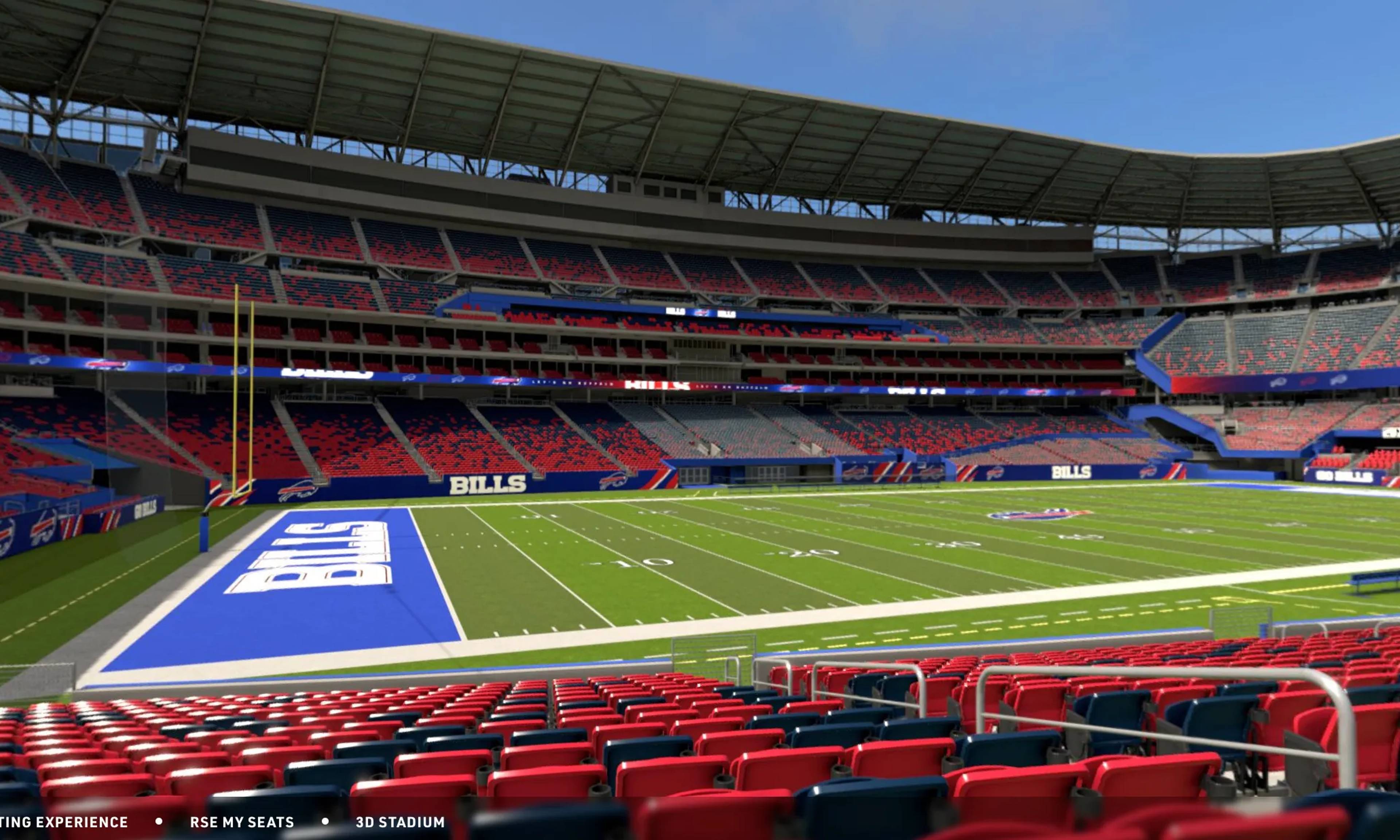 Buffalo Bills football stadium interior with red seats, blue end zone logo, green field, and yellow goal posts under clear sky.