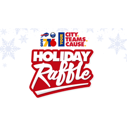 Give 76 Your City Teams Cause Holiday Raffle logo featuring Buffalo Bills and Sabres team emblems on snowflake background.