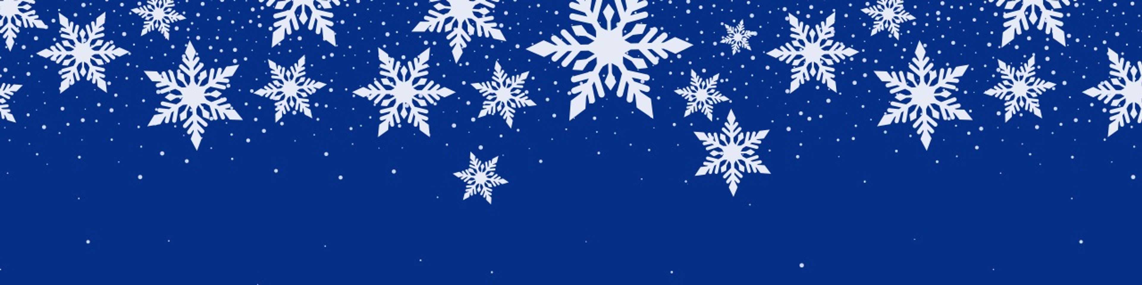 Blue winter background with white snowflakes at the top and scattered snow dots throughout, with colorful red and yellow stripes at the bottom.