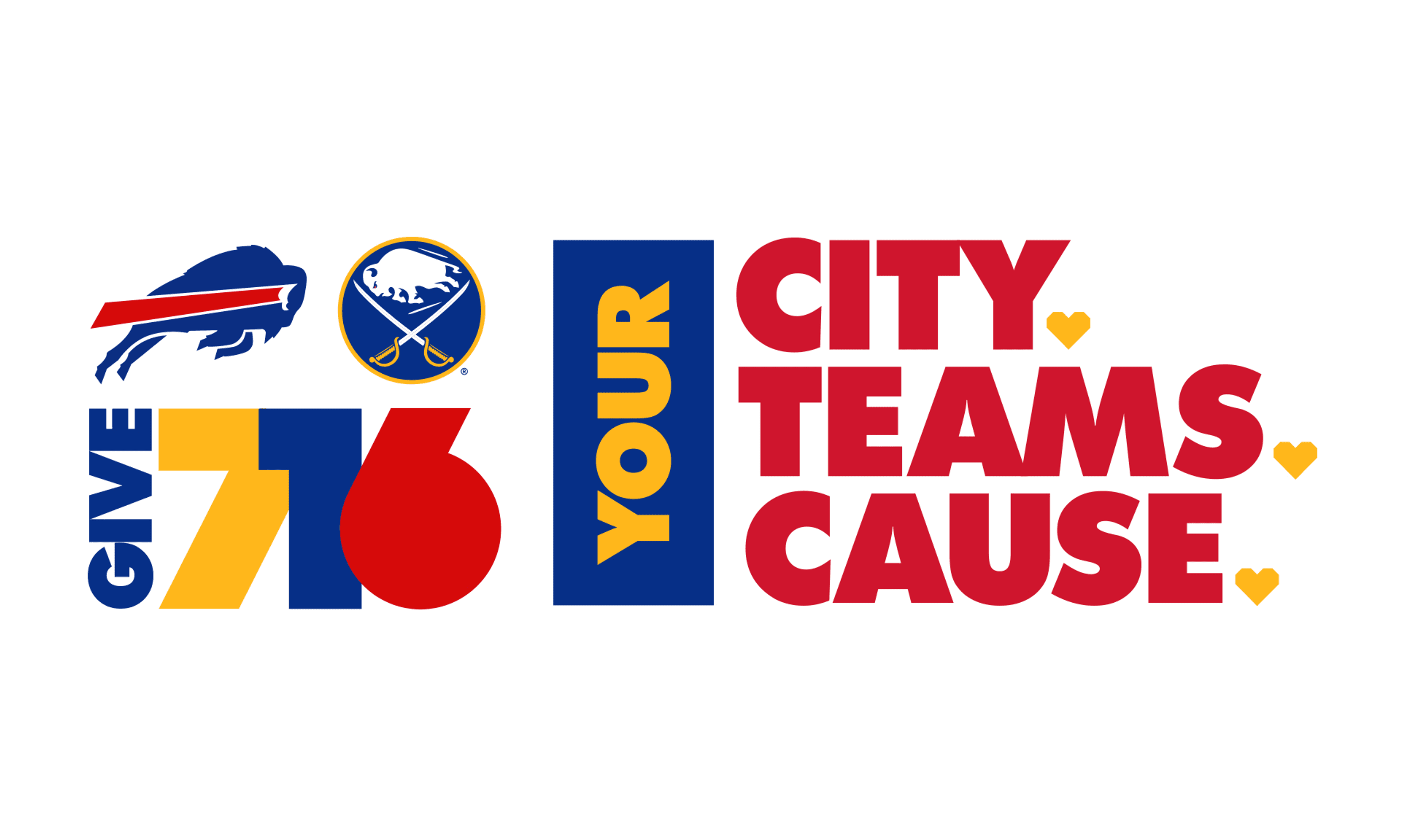 Give 716 Your Teams Cause logo featuring Buffalo Bills and Sabres team logos with yellow hearts and text promoting charitable giving for Western New York sports teams.