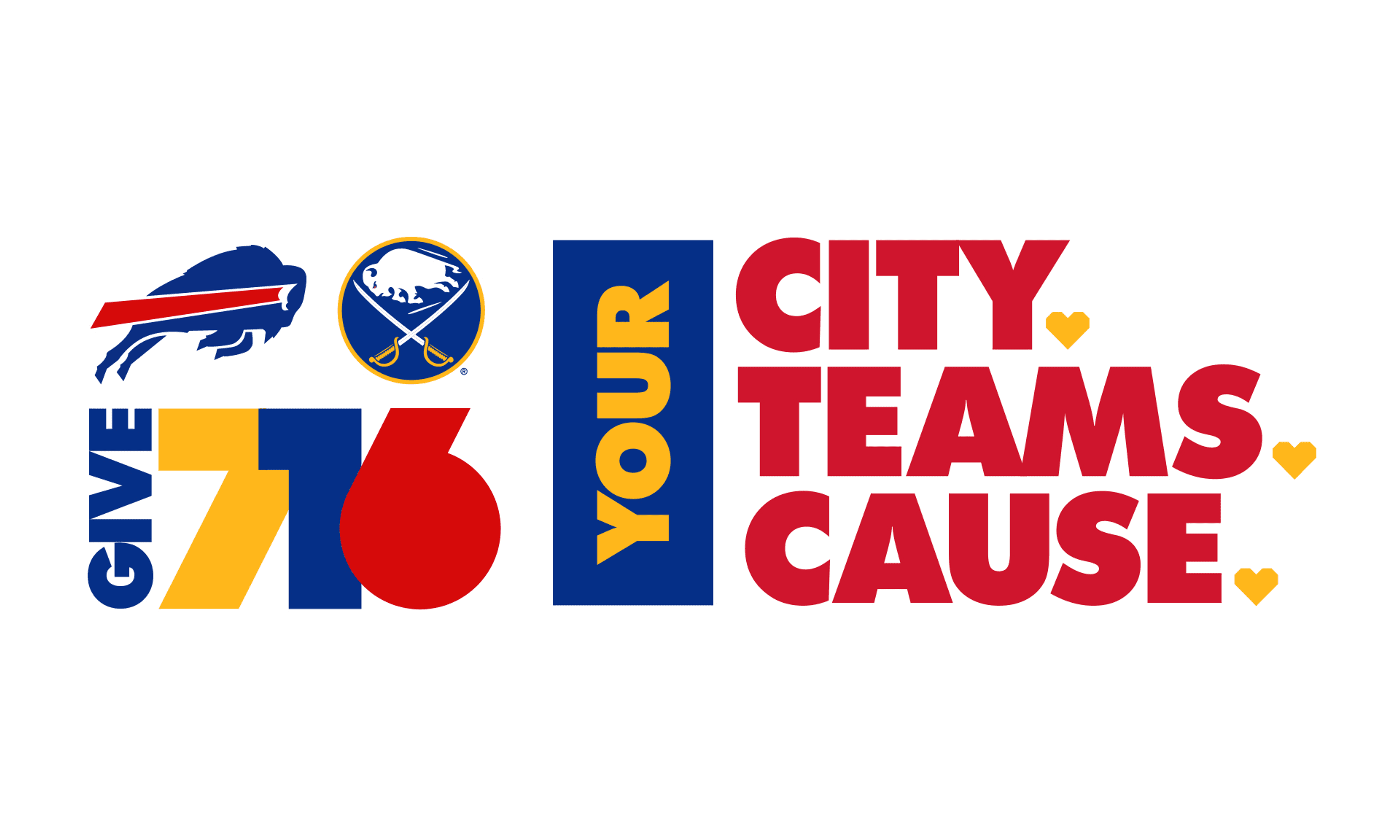Buffalo Bills and Sabres logos with "Give 716 Your City Teams Cause" text and yellow hearts, promoting local sports team charitable giving.