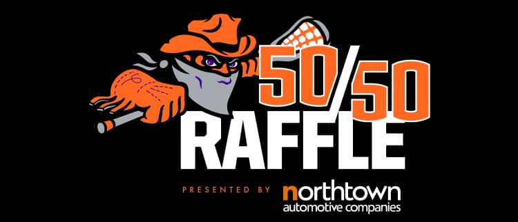 Orange and black cartoon bandit mascot holding a lacrosse stick next to "50 50" text, with "Presented by" text below.