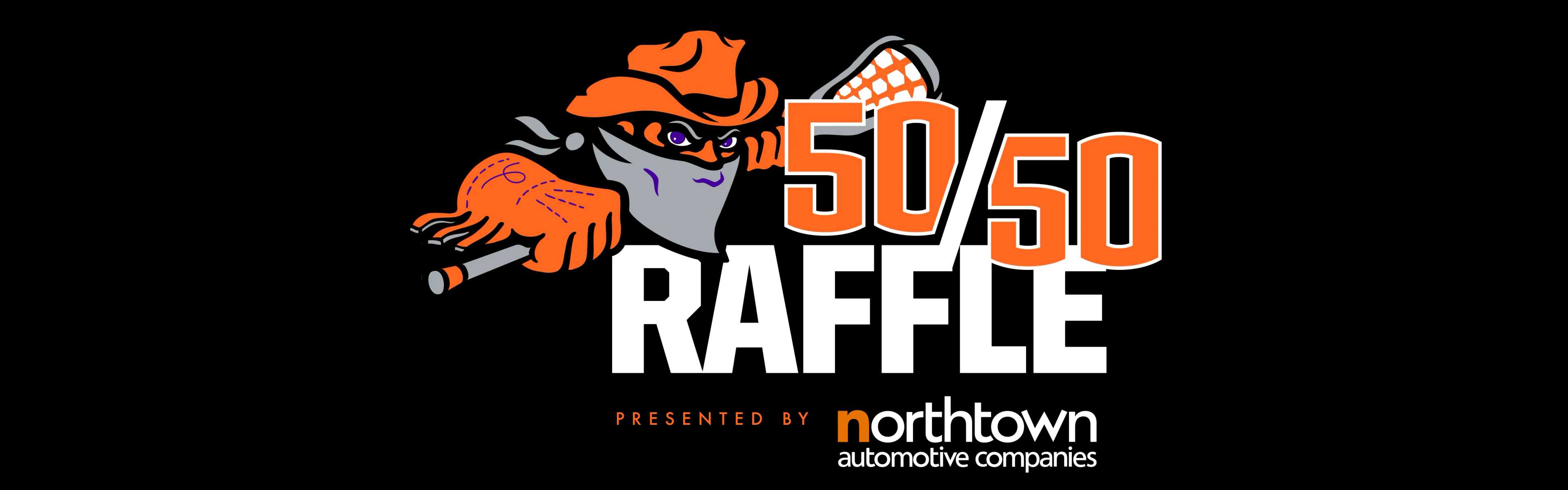 Orange cartoon cowboy mascot holding a lacrosse stick next to "50 50" text, with "Presented by" text below.
