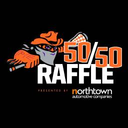 Orange cartoon cowboy mascot holding a lacrosse stick next to "50 50" text, with "Presented by" text below.