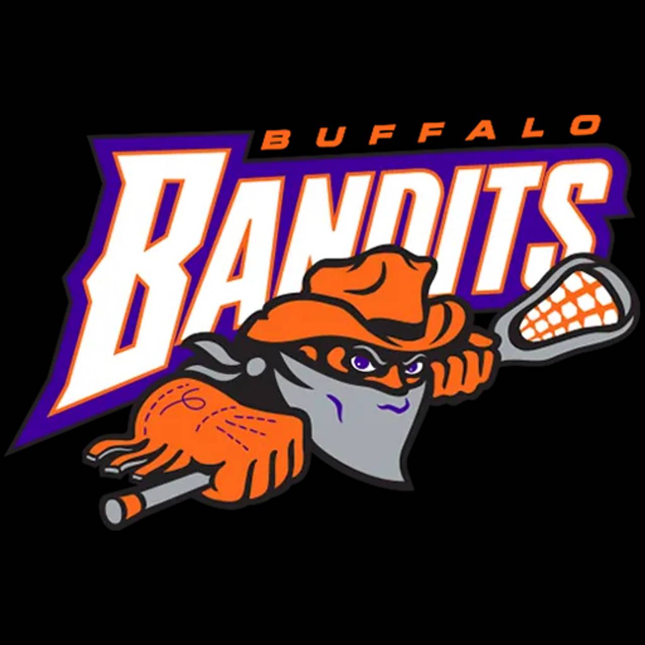 Buffalo Bandits logo featuring an orange bandit character with a cowboy hat holding a lacrosse stick, with purple and orange text.