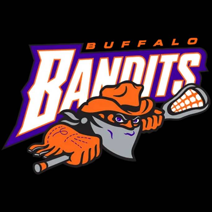 Buffalo Bandits logo featuring an orange bandit character with a cowboy hat holding a lacrosse stick, with purple and orange text.