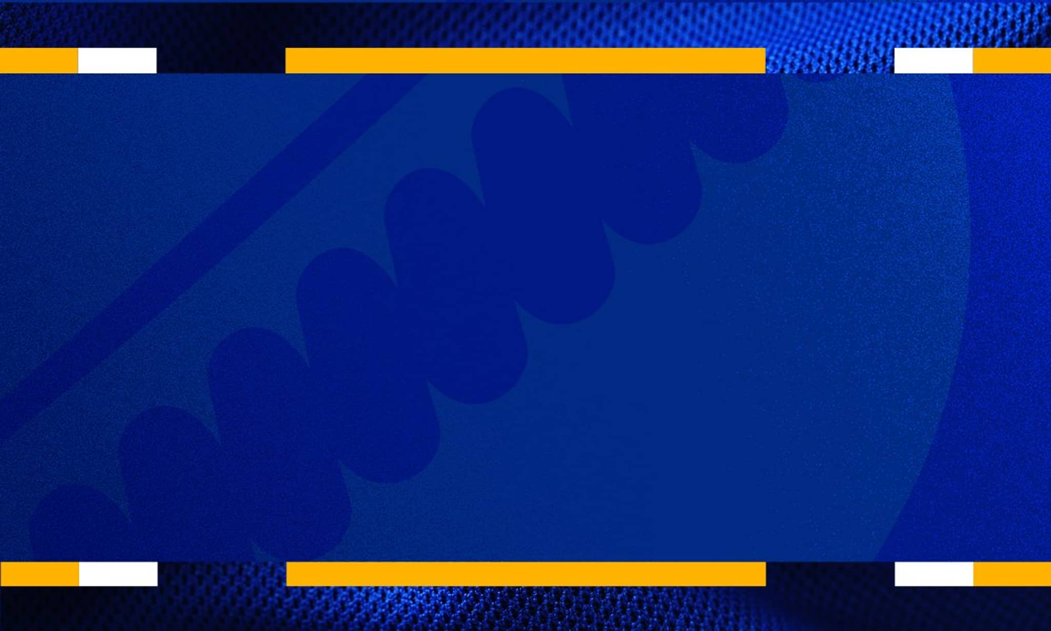 Abstract blue background with geometric patterns, yellow and white horizontal stripes at top and bottom borders, and subtle circular shapes throughout the design.