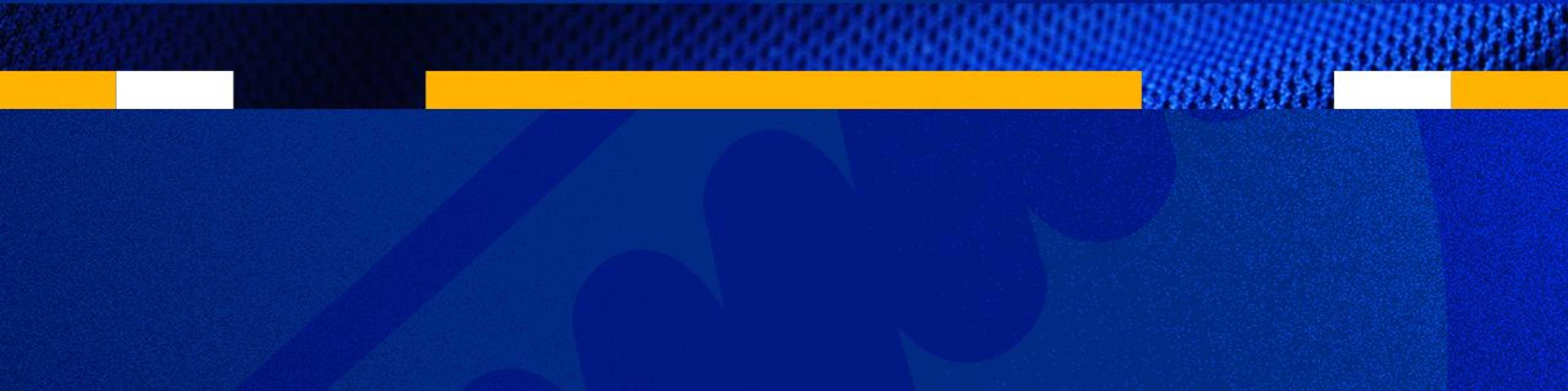 Abstract blue background with dark circular shapes and yellow and white geometric stripes at top and bottom borders.