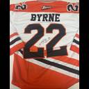 A signed red, white, and black Bandits hockey jersey for player Byrne number 22, displayed from the back.