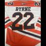 A signed red, white, and black Bandits hockey jersey for player Byrne number 22, displayed from the back.