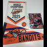 Buffalo Bandits World Champions 2025 signed memorabilia collection including a pennant banner, lacrosse ball, and player card for Duane Smith number 92.