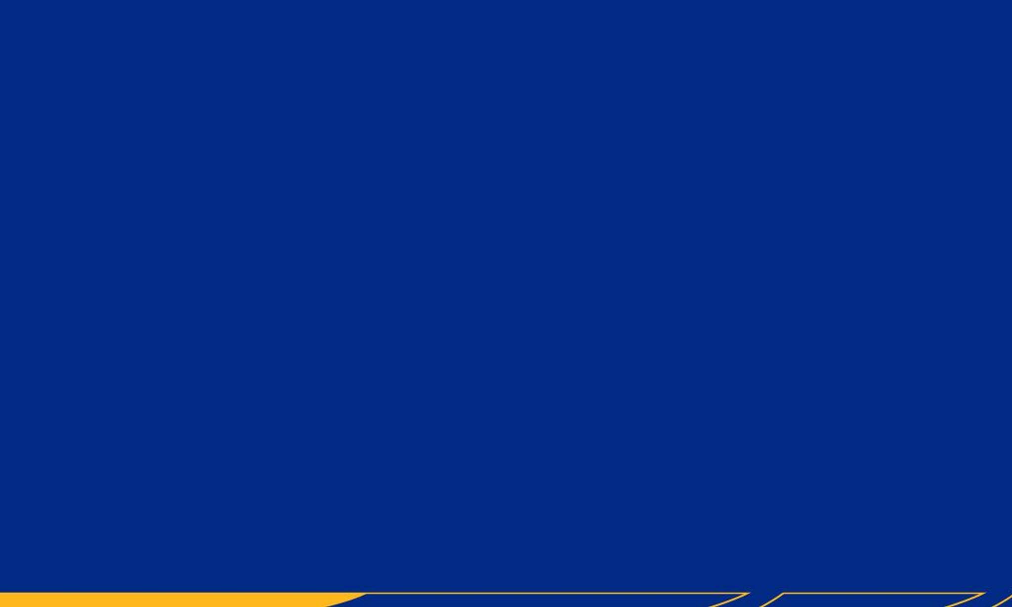 Solid deep blue background with a gold and navy geometric design element along the bottom edge featuring angular shapes and lines.