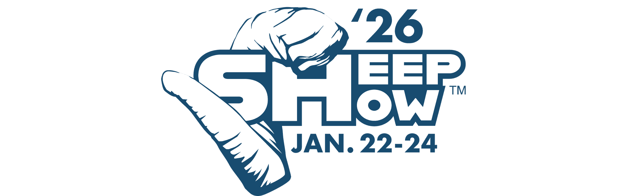 Logo for the 2026 Sheep Show event scheduled for January 22-24, featuring a stylized blue sheep head design with trademarked text.