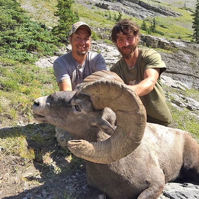 Two men posing with a bighorn sheep in a mountainous landscape with rocky terrain and green vegetation in the background.