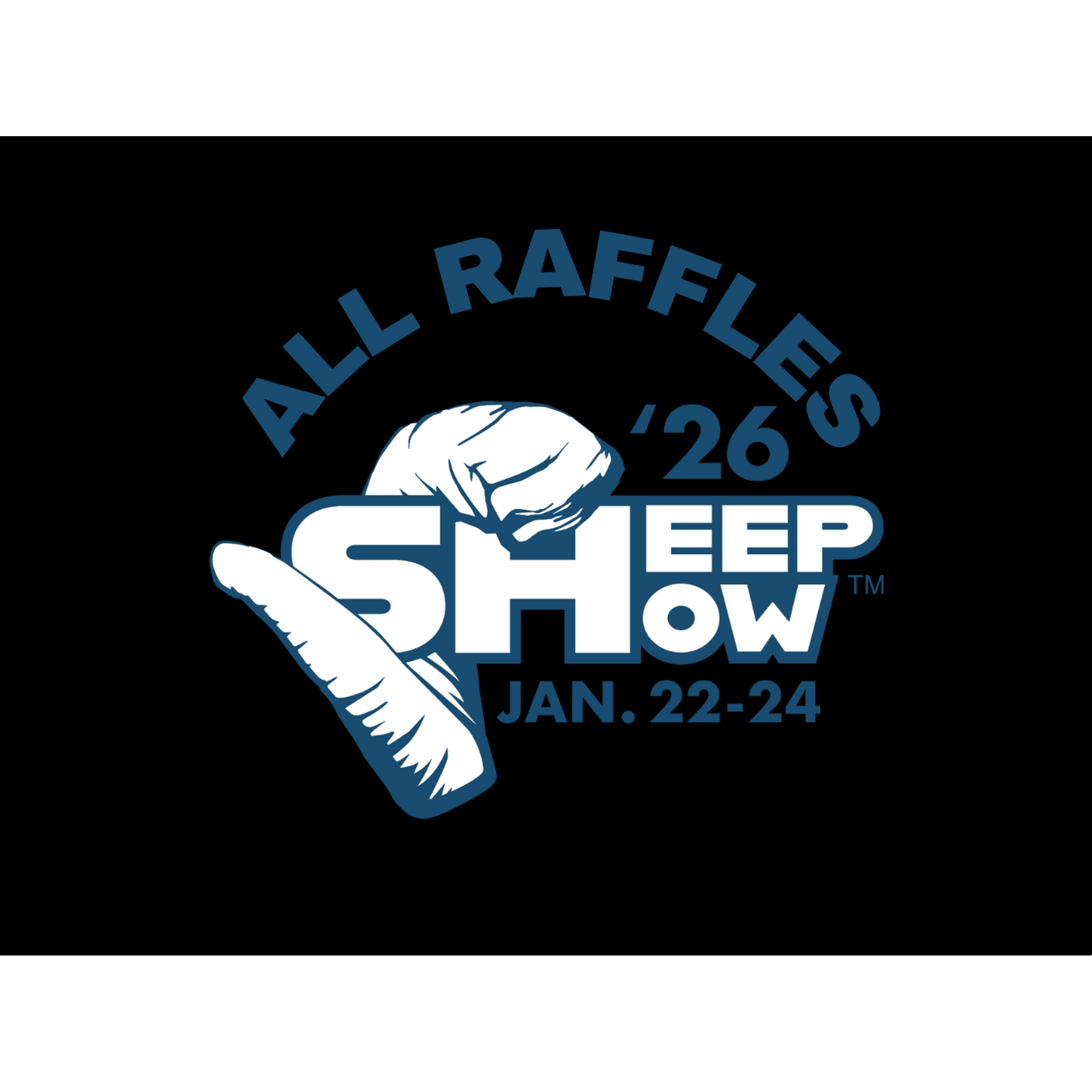All Raffles '26 Sheep Show logo featuring a sheep's head and wool in blue and white text on a black background, dated January 22-24.