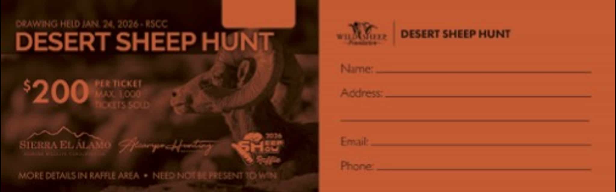 Desert sheep hunt promotional material featuring a bighorn sheep with curved horns, $200 raffle ticket price, and an orange registration form card.