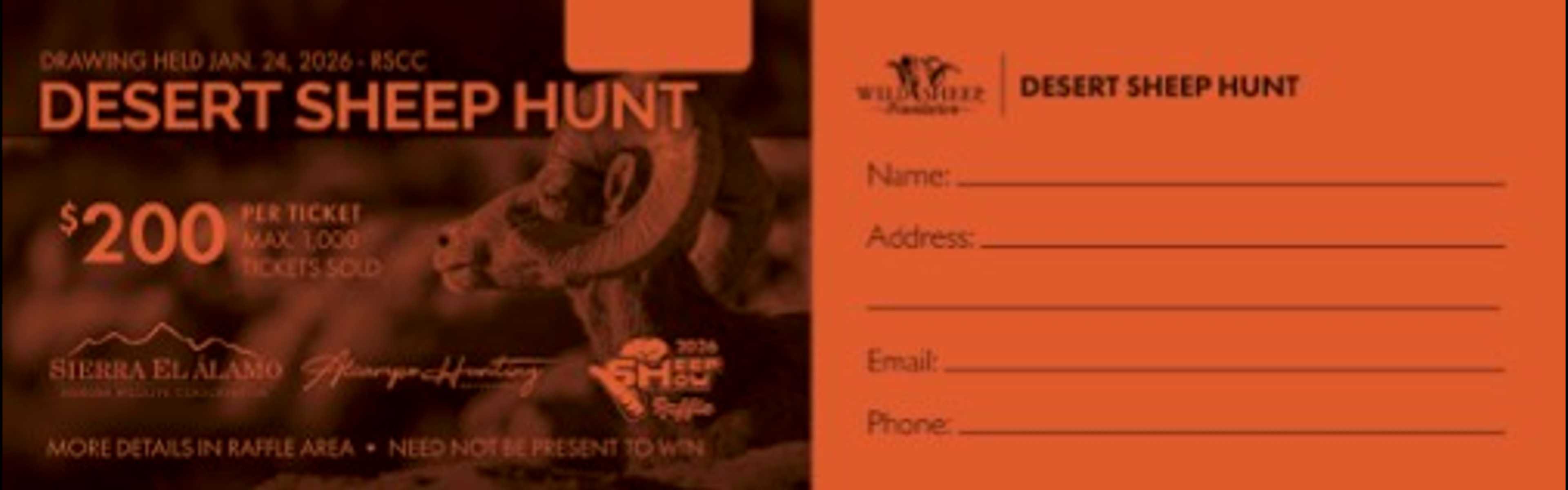 Desert sheep hunt promotional material featuring a bighorn sheep with curved horns, $200 raffle ticket price, and an orange registration form card.