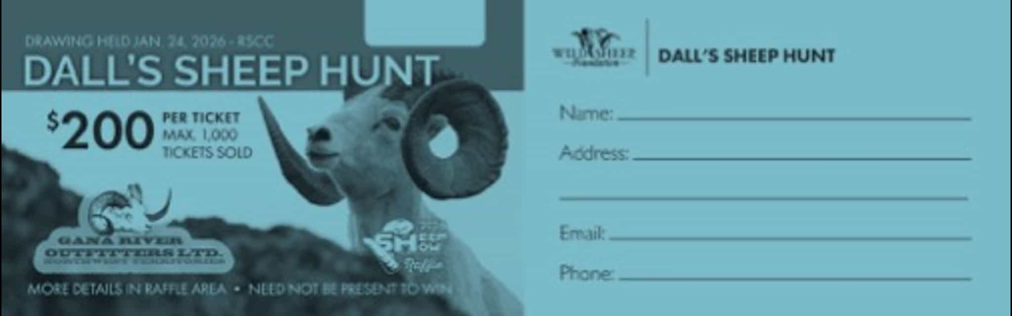 Promotional flyer for Dall's Sheep Hunt drawing event on January 24, 2036, featuring a bighorn sheep and ticket price of $200 with entry form fields.