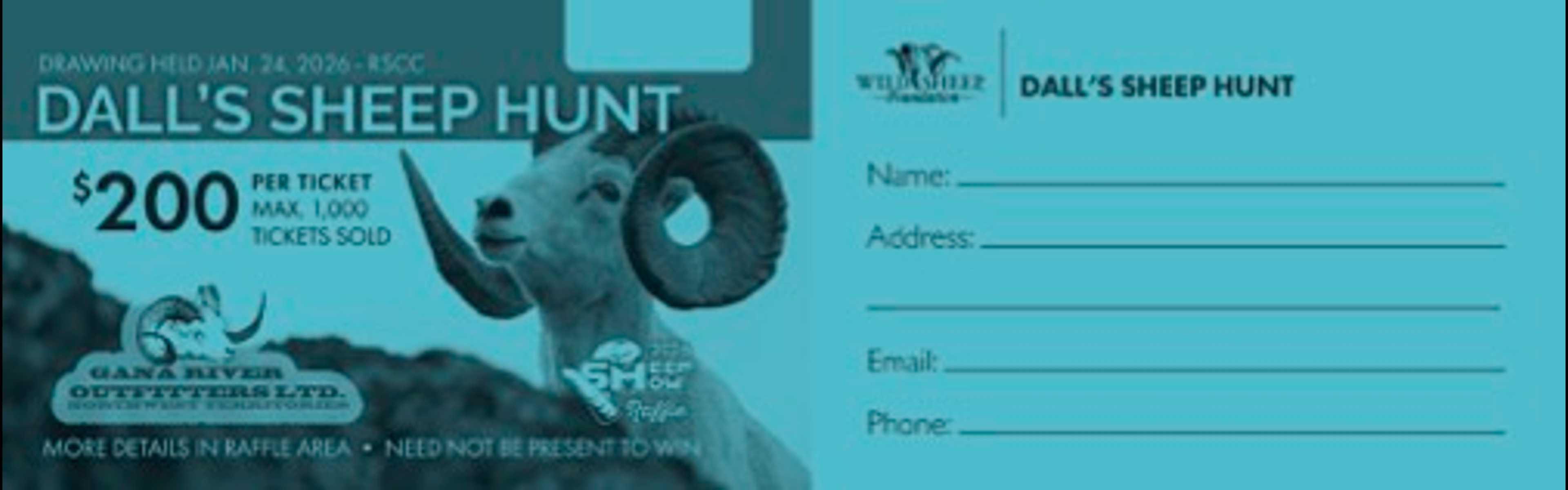 Promotional flyer for Dall's Sheep Hunt drawing event on January 24, 2036, featuring a bighorn sheep and ticket price of $200 with entry form fields.