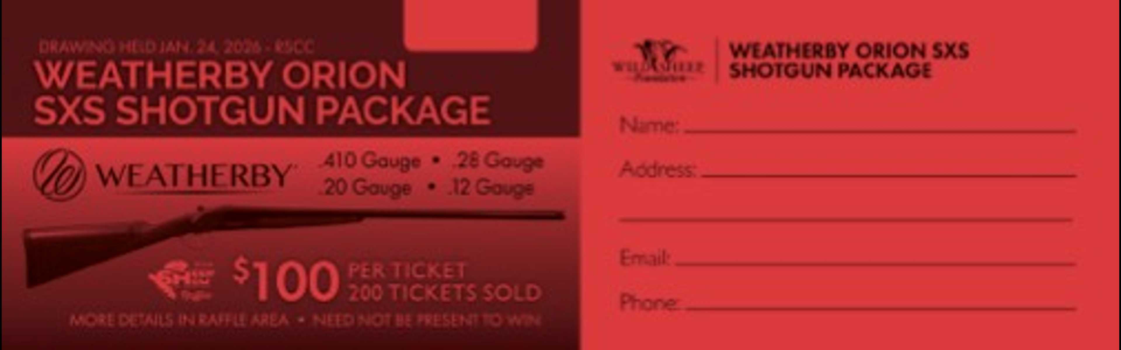 Weatherby Orion SxS shotgun package promotional materials showing firearm details, pricing at $100, and a form with blank fields for name, address, email and phone information.